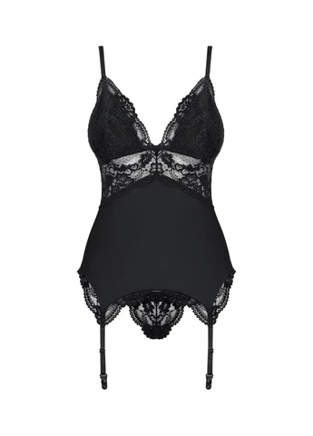 Черный сатиновый кружевной корсет 810-cor-1 babydoll & thong, корсет, танга Obsessive