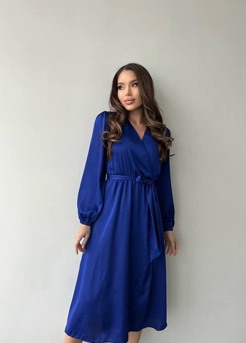 Синее повседневный шикарное женское шёлковое платье No Brand однотонное