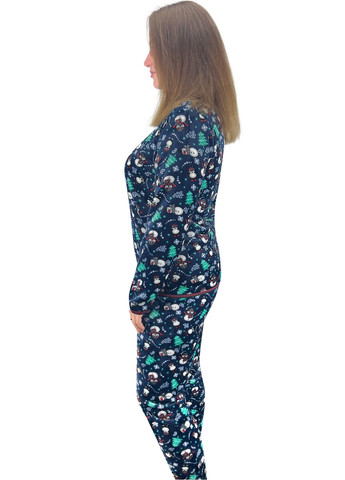 Темно-синяя всесезон пижама женская махровая снеговик кофта + брюки Жемчужина стилей 1413