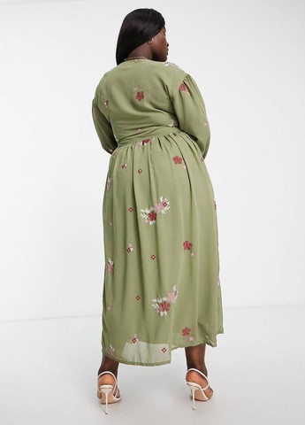 Оливкова (хакі) м'яка сукня максі кольору хакі з вишивкою по всій поверхні design curve Asos