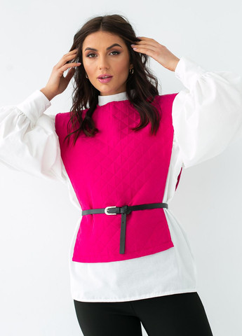 Фуксиновая демисезонная блуза с объемными рукавами с накидкой и поясом - фуксия Elisa