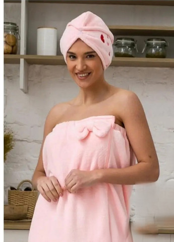 Unbranded женский набор 2 в 1 для бани сауны полотенце халат на резинке чалма тюрбан на голову микрофибра (474283-prob) сердечки розовый сердечки розовый производство -