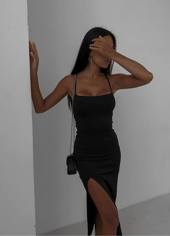 Чорна стильна чорна сукня із щільного креп-дайвінгу з відкритим декольте, шикарна сукня з відкритою спиною та з розрізом від стегна No Brand