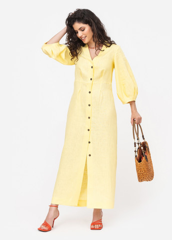 Светло-желтое повседневный платье меди с пышными лимонными рукавами футляр MORANDI однотонное