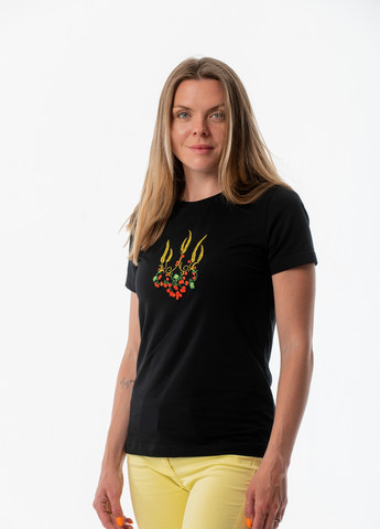 Черная женская футболка с вышивкой "тризуб красная калина" с коротким рукавом VINCA