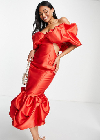 Червона сукня міді з пишними рукавами Asos