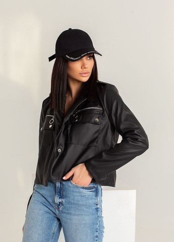 Чорна демісезонна жіноча куртка вітрівка з еко шкіри No Brand