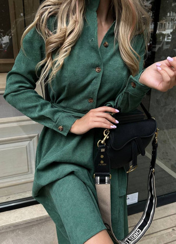 Зелена жіноча сукня з вельвету з поясом New Trend