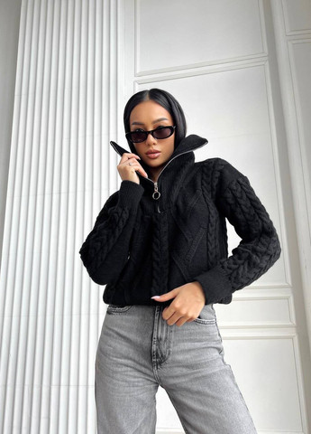 Чорний женский свитер с v-образнм воротником и молнией цвет чернй р.42/46 445972 New Trend
