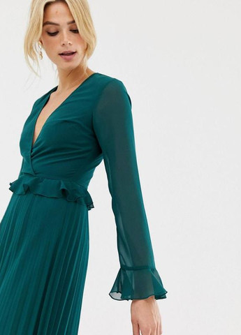 Зелена зелена сукня максі з плісованою спідницею та воланами Asos