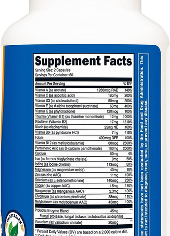 Мультивітаміни з пробіотиками, ензимами та антиоксидантами Multivitamin 120 Capsules Nutricost (268304520)