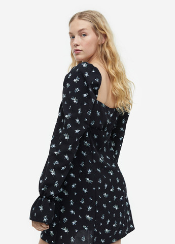 Черное кэжуал платье из крепа с рукавами-буфами H&M с цветочным принтом