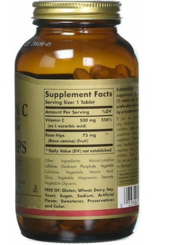 Vitamin C with Rose Hips 500 mg 100 Tabs Solgar (256722739)