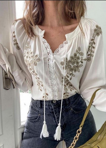 Блузка вышиванка белая с бежевой вышивкой и кружевом No Brand (258614101)