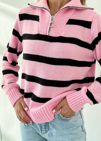 Жіночий светр вовняний в смужку з блискавкою рожевий з чорним р.42/46 396781 New Trend (258967641)