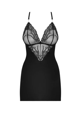 Чорний сатиновий комплект для сну з ммереживом 828-che-1 chemise & thong, сорочка, ст Obsessive