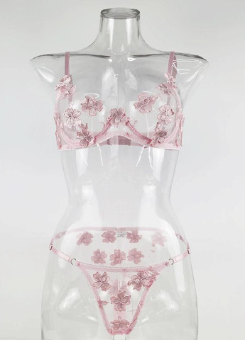 Розовый демисезонный эротический прозрачный комплект с цветами — розовый Vakko