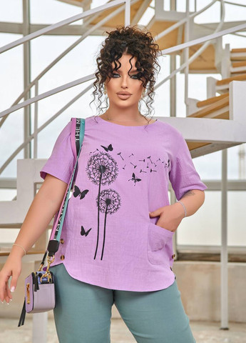 Фиолетовая женская льняная блуза цвет сиреневый р.46/48 433016 New Trend