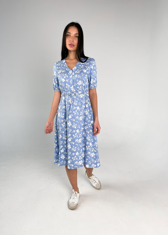 Блакитна кежуал сукня міді кльош, дзвін BeART з квітковим принтом