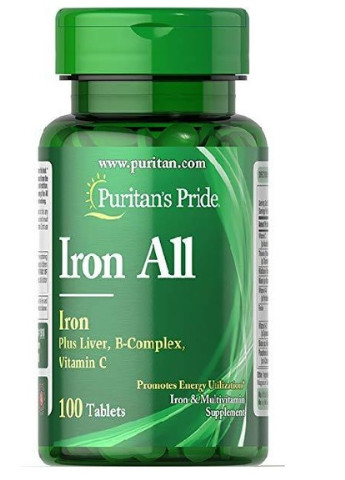 Puritan's Pride Iron All (Plus Liver, B-complex, Vitamin-C) 100 Tabs Puritans Pride (256724646)