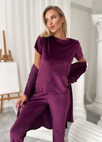 Темно-фиолетовая всесезон пижама тройка кофта + футболка + брюки Garna