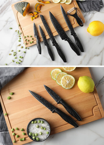 Набор кухонных ножей с нержавеющей стали для кухни / с овощечисткой / для мяса, рыбы, овощей / 6 предметов DobraMAMA чёрные, пластик, нержавеющая сталь