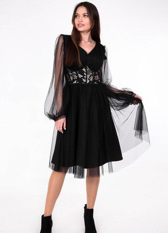 Черное платье нарядное женское 923023 однотонный креп сетка черное Актуаль