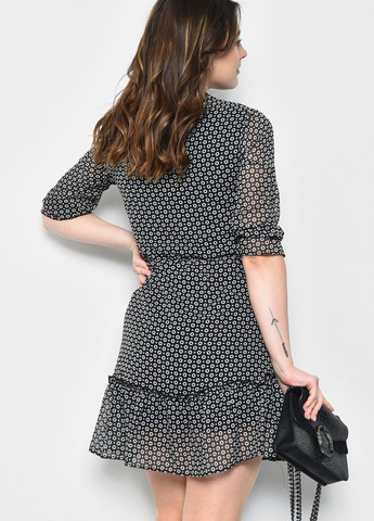 Черное кэжуал платье женское шифоновое черного цвета з геометрическим узором баллон Let's Shop с геометрическим узором