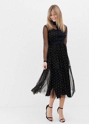 Черное сетчатое платье миди в горошек с кружевными вставками lace&beads Asos в горошек