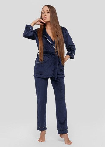 Темно-синя всесезон піжама костюм домашній велюровий халат зі штанами темно-синій Maybel