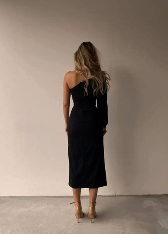 Чорна шикарна ніжна сукня з одним рукавом і з розрізом від стегна, довга чорна сукня з креп-дайвінгу з відкритим плечем No Brand