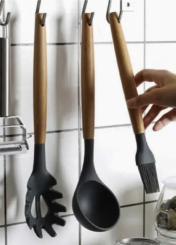 Набір комплект кухарське силіконове кухонне приладдя з підставкою 11 шт 32-26 см (475747-Prob) Чорний з бежевим Unbranded (270931825)