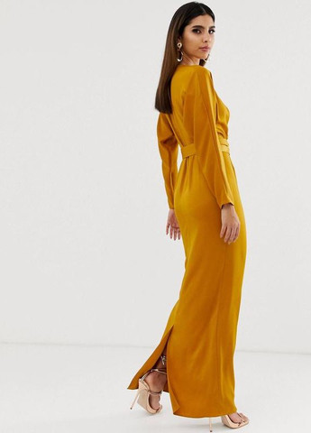 Гірчична гірчична атласна сукня максі з рукавом "кажан" і запахом на талії design Asos