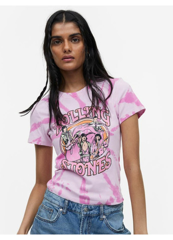 Розовая летняя женская футболка с принтом rolling stones (55784) 36 розовая H&M
