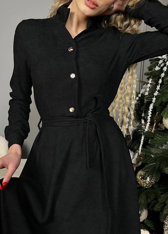 Черное женское платье из вельвета с поясом цвет черный р.46/48 446358 New Trend