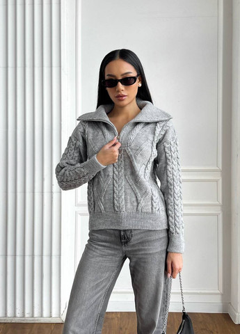 Сірий женский свитер с v-образнм воротником и молнией цвет серй р.42/46 445970 New Trend