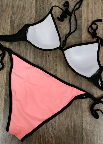 Помаранчевий літній купальник помаранчевий з чорним мереживом плавки на зав'язках роздільний No Brand