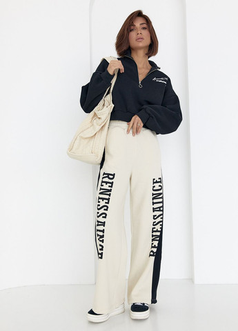 Теплые трикотажные штаны с лампасами и надписью Renes Saince - кремовый Lurex (265911757)