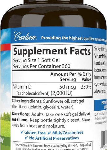 Вітамін D3 Carlson Vitamin D3 2000 IU 360 soft gels Carlson Labs (267724778)