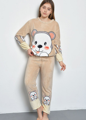 Бежевая зимняя пижама детская для подростка плюшевая бежевого цвета Let's Shop