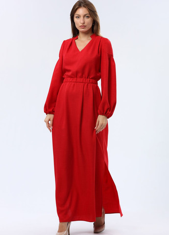 Червона коктейльна червона сукня максі з віскозної тканини з фактурною жатою структурою 5752 Cat Orange однотонна
