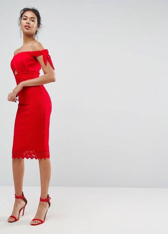 Красное платье миди с кружевом и завязками на плечах bardot Asos