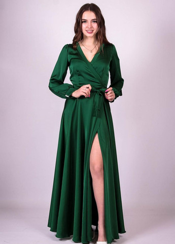 Зелена вечірня платье нарядное женское 923057 однотоннй атлас зеленое Актуаль
