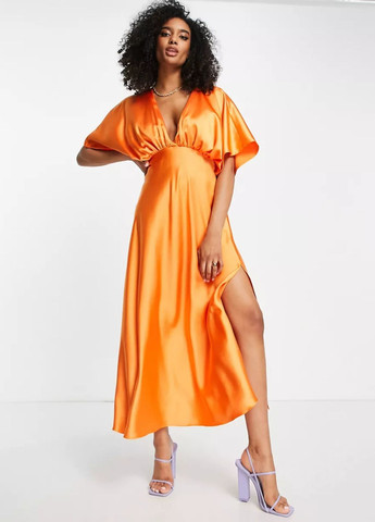 Оранжевое праздничный платье миди атласное однотонное оранжевое Asos однотонное