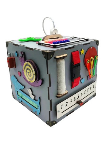 Деревянный бизикубик бизиборд кубик развивающая игрушка для детей малышей девочек мальчиков 23х23х23 см (474324-Prob) Серый Unbranded (258139932)