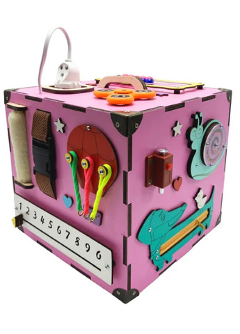 Дерев'яний бізікубік бізіборд кубик розвиваюча іграшка для дітей малюків дівчаток хлопчиків 23х23х23 см (474325-Prob) Рожевий Unbranded (258139924)