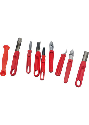 Набір ножів для карвінгу (різьблення по овочах) 8 штук (пластмасова ручка, сталеве лезо) + ложка-нуазетка Master Class червоний,
