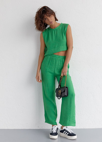 Летний женский костюм с брюками и топом с завязками - зеленый Lurex (262810315)
