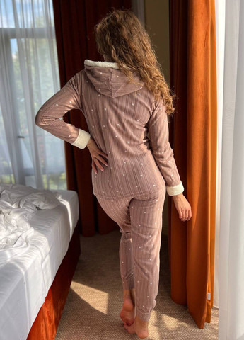 Кофейная зимняя женская тёплая пижама с капюшоном махра кофта + брюки No Brand