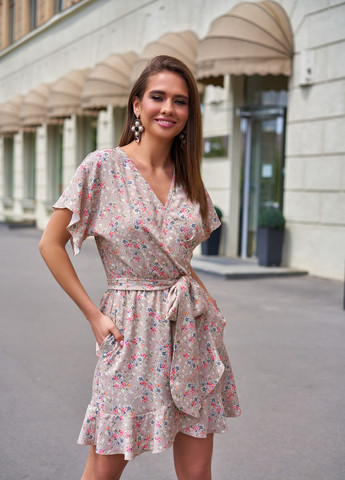 Бежевое повседневный летнее платье с легкого льна Jadone Fashion с цветочным принтом